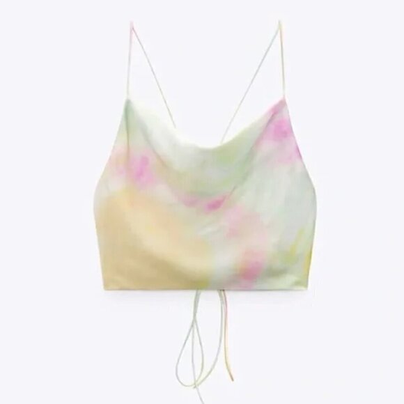 Zara Satin Effect Top XS NWT Pastel Tie Dye Backless Crop Blogger Fav Summer - Picture 2 of 14